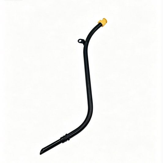 Engine oil dipstick guide tube, black U-shaped tube with yellow top cap and side hole