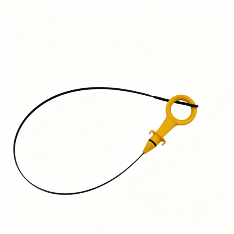 Engine oil dipstick guide tube with yellow ring handle and black hose loop
