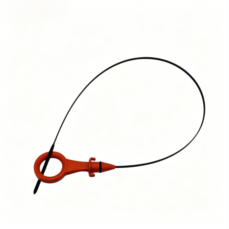 Engine oil dipstick guide tube with red ring handle and black hose loop