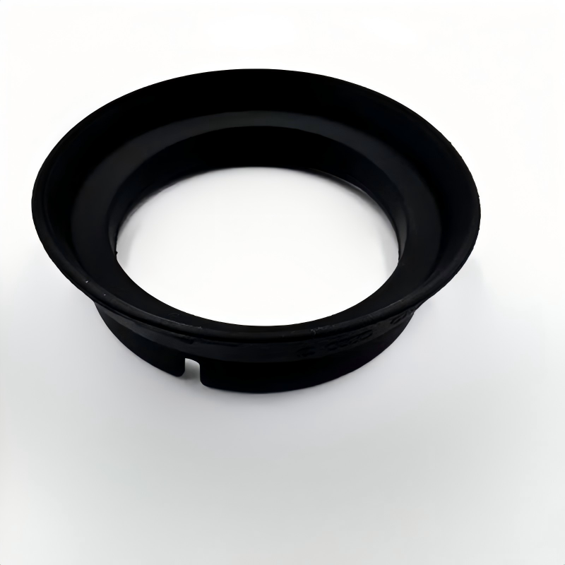 Black engine oil filler cap seal gasket with side tab, circular rubber ring