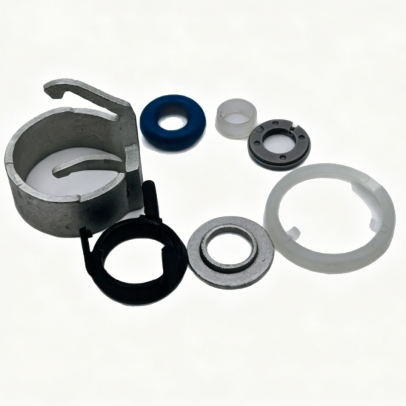 Fuel injector repair kit parts set with metal retainer clips, O-rings, washers and seal ring