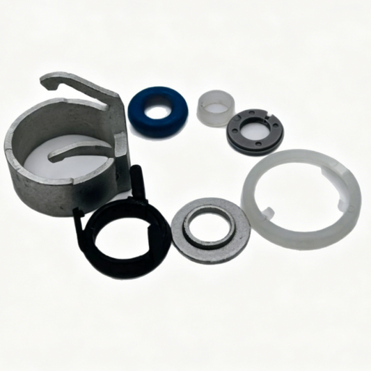 Fuel injector repair kit parts set with metal retainer clips, O-rings, washers and seal ring