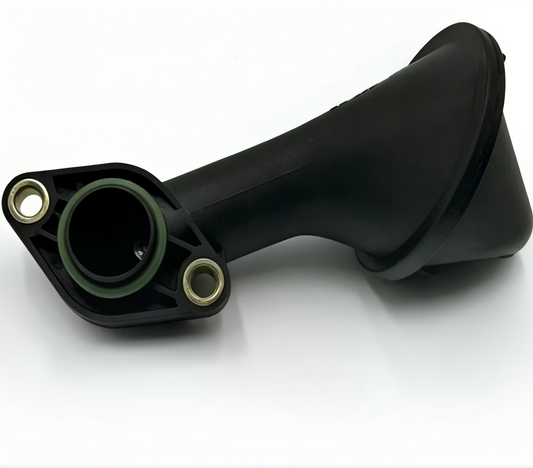 Black oil pump pickup screen housing with circular filter ports and metal mounting bolts