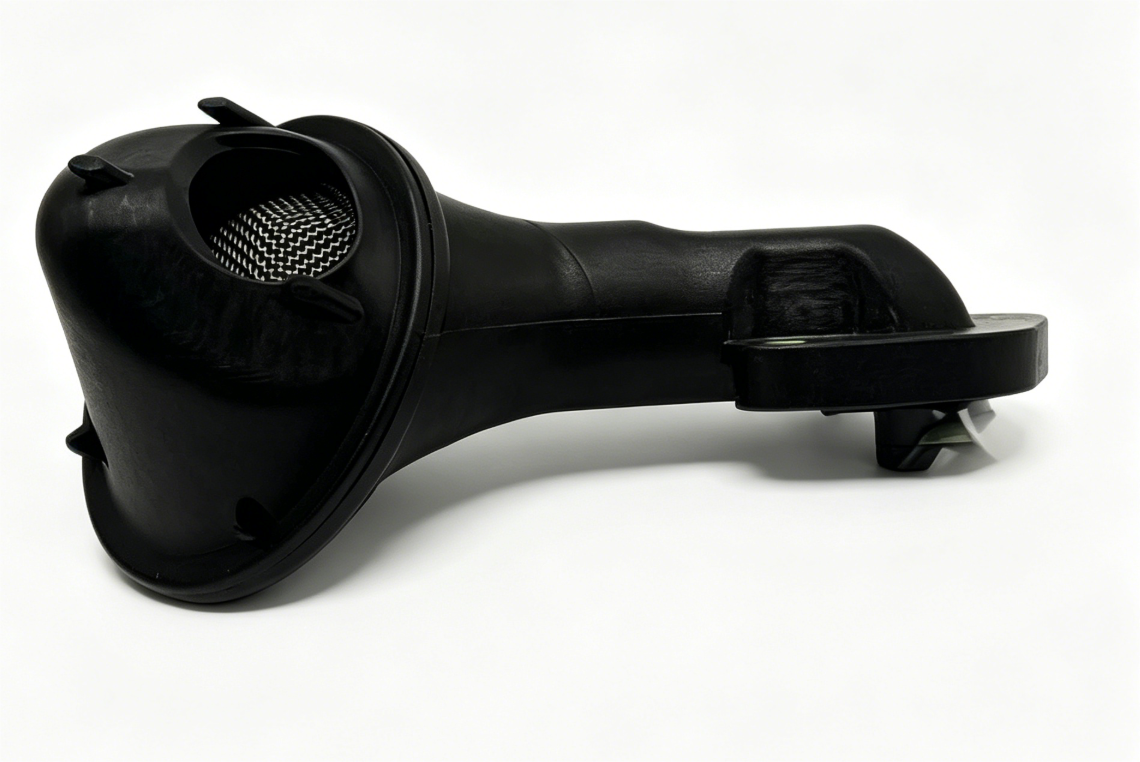 Black oil pump pickup screen housing with mesh filter and side mounting tabs