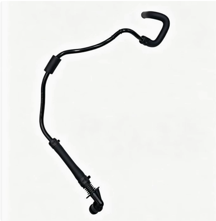 Coolant reservoir hose with molded black tubing and quick-connect fittings