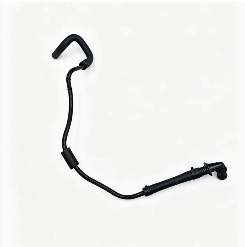 Coolant hose with bent black tubing, clamp points, and ribbed end connector