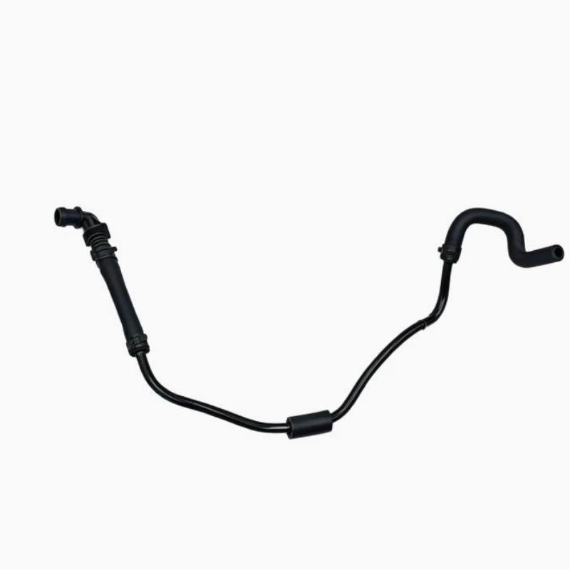 Coolant reservoir hose with curved black tubing and ribbed end connections