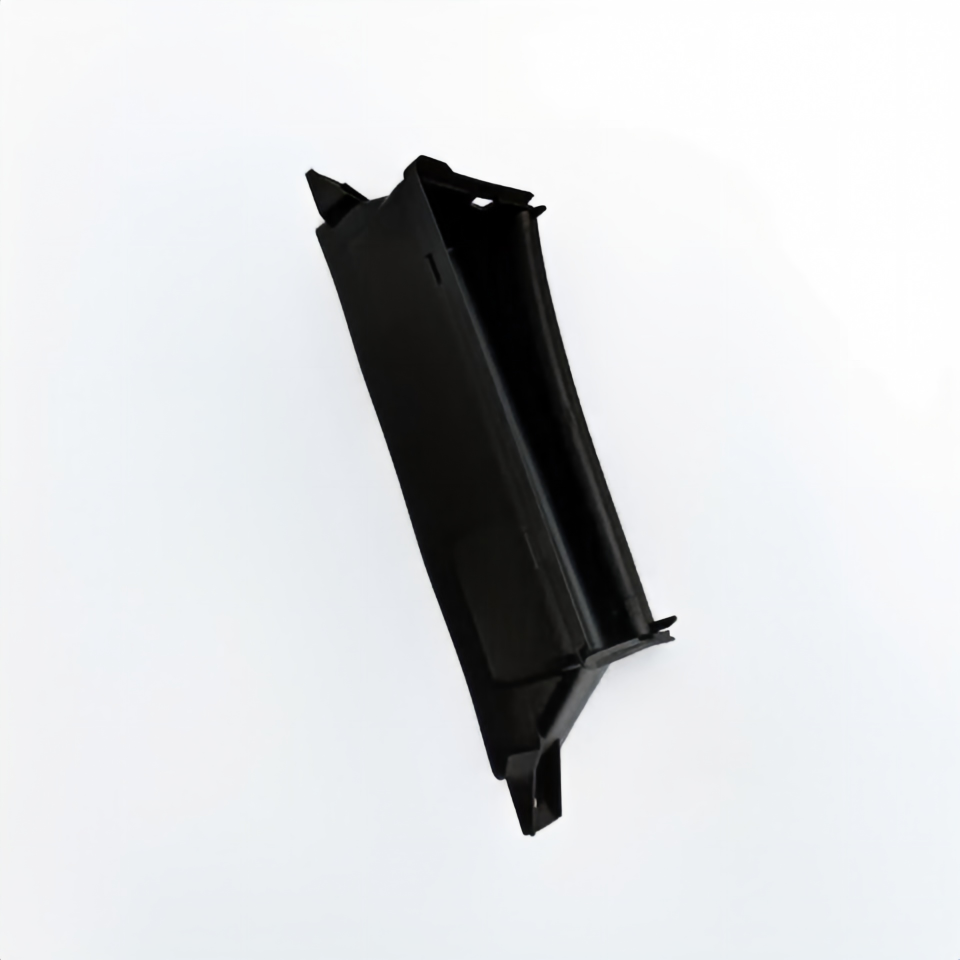 Black plastic air intake duct trim piece with snap-fit mounting tabs