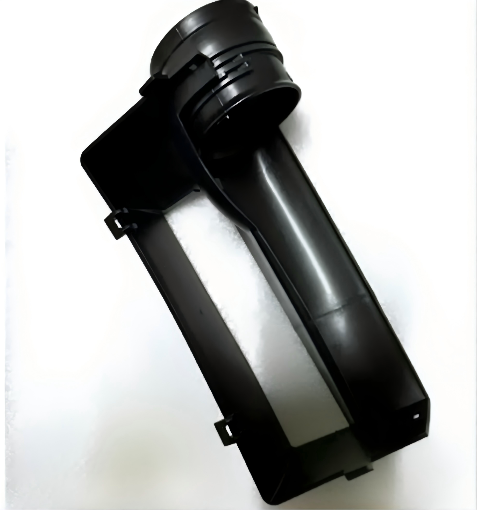 Black air intake duct housing with circular intake opening and mounting brackets