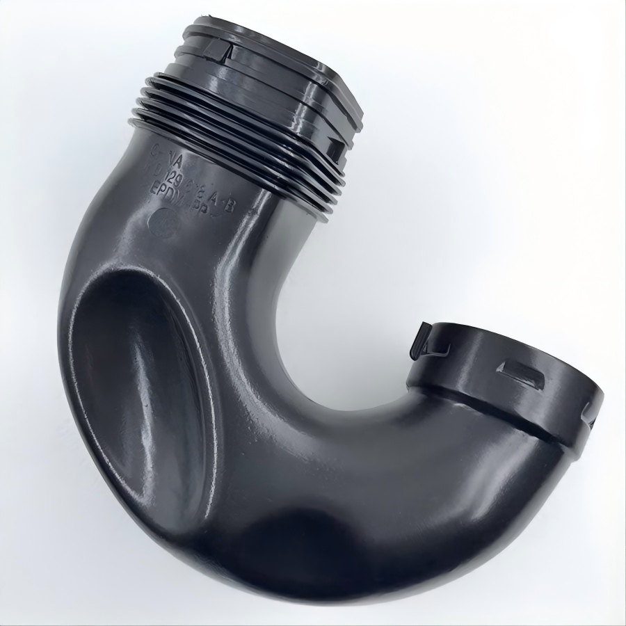 Curved black engine air intake elbow tube with threaded coupling and molded sensor marks