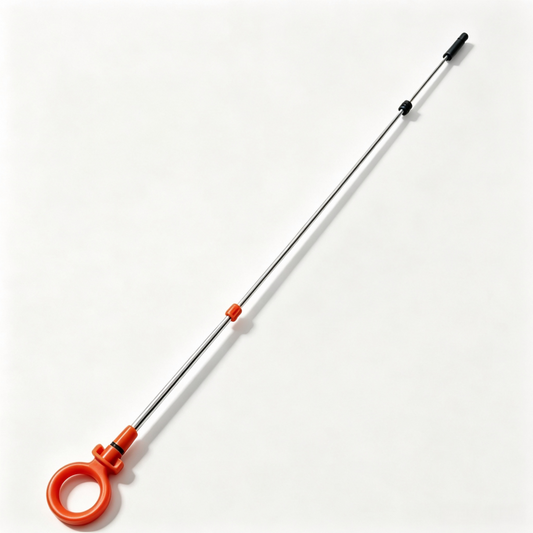 Engine oil dipstick with orange circular grip and silver rod, two black bands