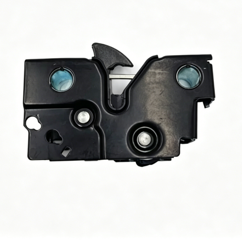 Hood latch mechanism with black housing, blue inserts, and latch lever