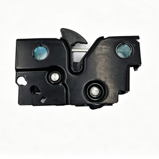 Hood latch mechanism with black housing, blue inserts, and latch lever