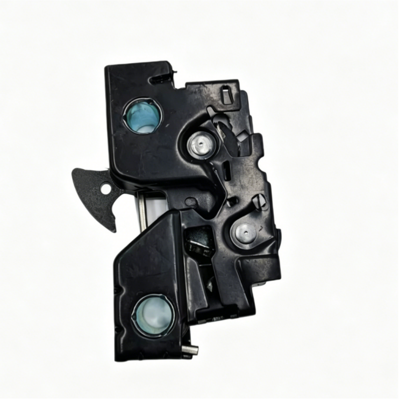 Hood latch mechanism with black housing and blue circular inserts