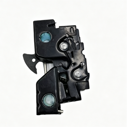 Hood latch mechanism with black housing and blue circular inserts