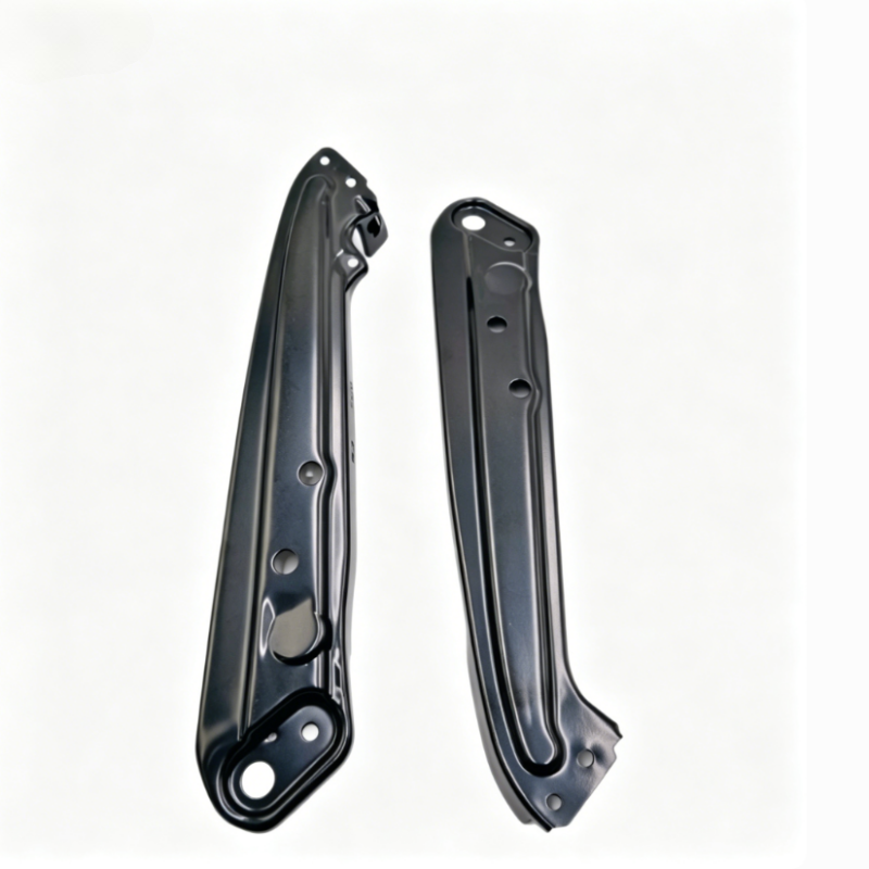 Pair of black metal headlight mounting brackets with mounting holes, left and right