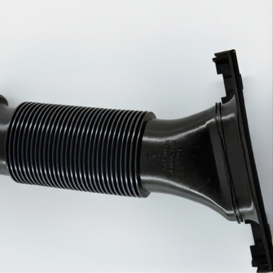 Corrugated black air intake hose with flared intake bell and molded bracket end