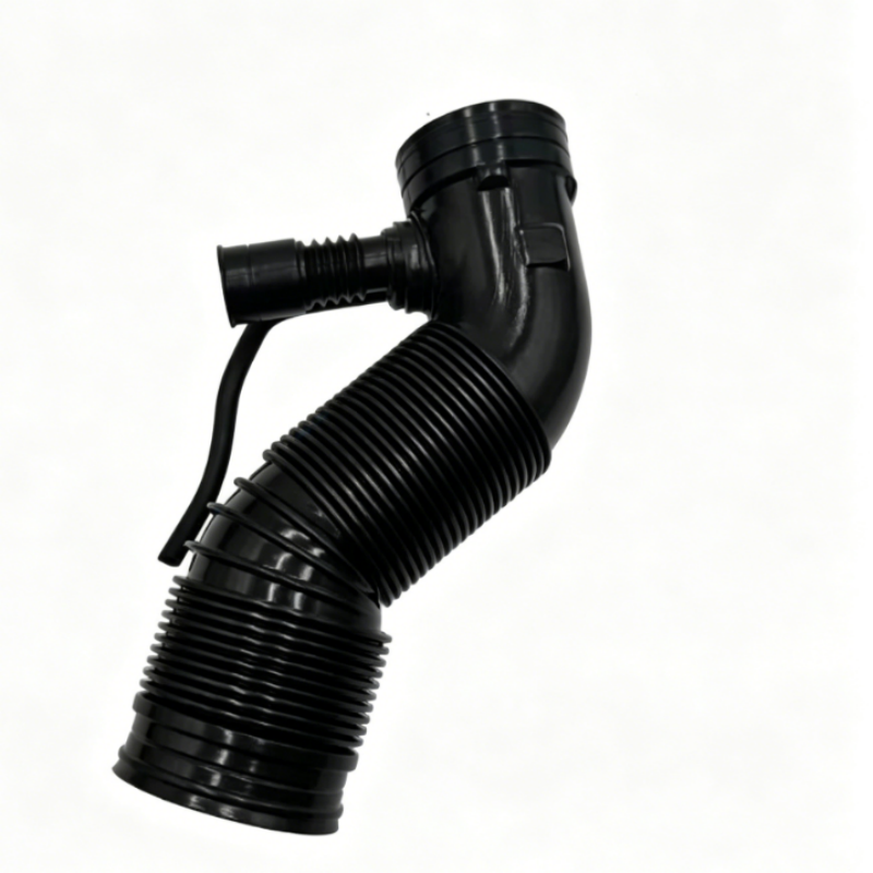 Black ribbed intake hose with curved junction and side vacuum hose port