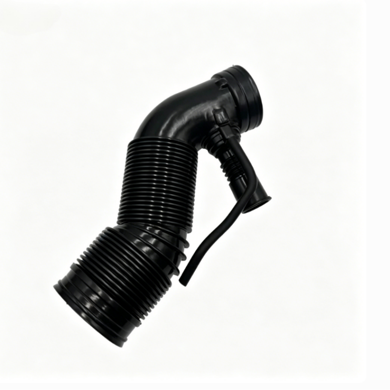 Black ribbed air intake hose with 90-degree bend and attached clamp connector