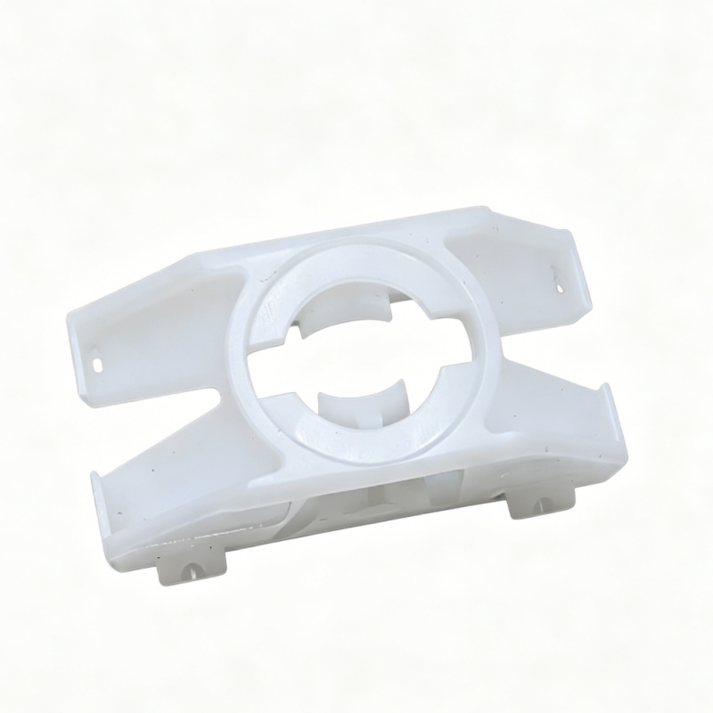 White plastic brake pedal retainer bracket with round mounting hole