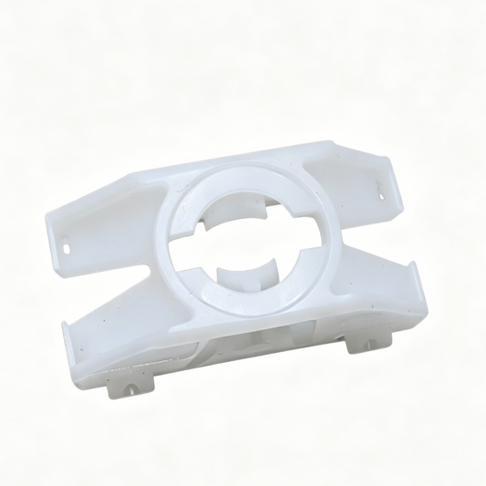 White plastic brake pedal retainer bracket with round mounting hole