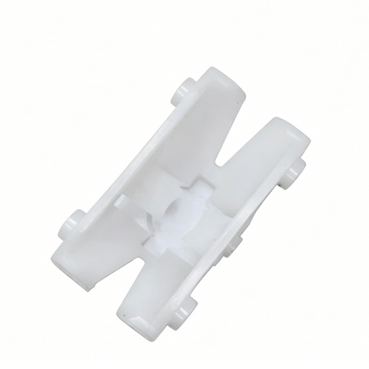 White plastic brake pedal retainer bracket with mounting clips