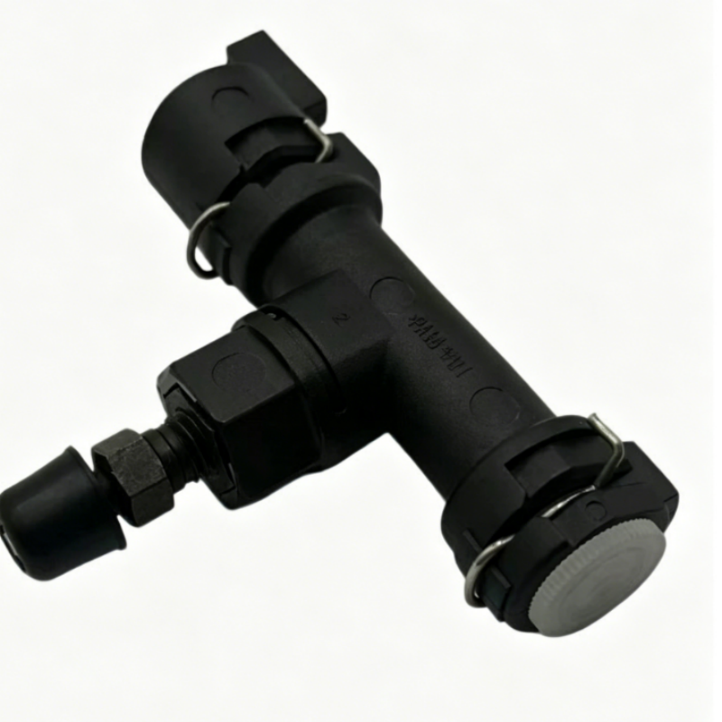 Black clutch master cylinder connector with hose fittings and locking clips