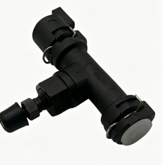 Black clutch master cylinder connector with hose fittings and locking clips