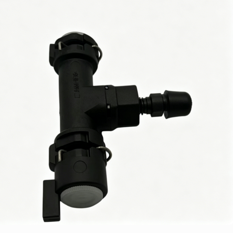 Black clutch master cylinder connector, angled view with round mounting cap