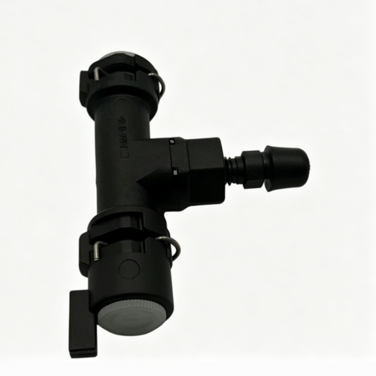 Black clutch master cylinder connector, angled view with round mounting cap