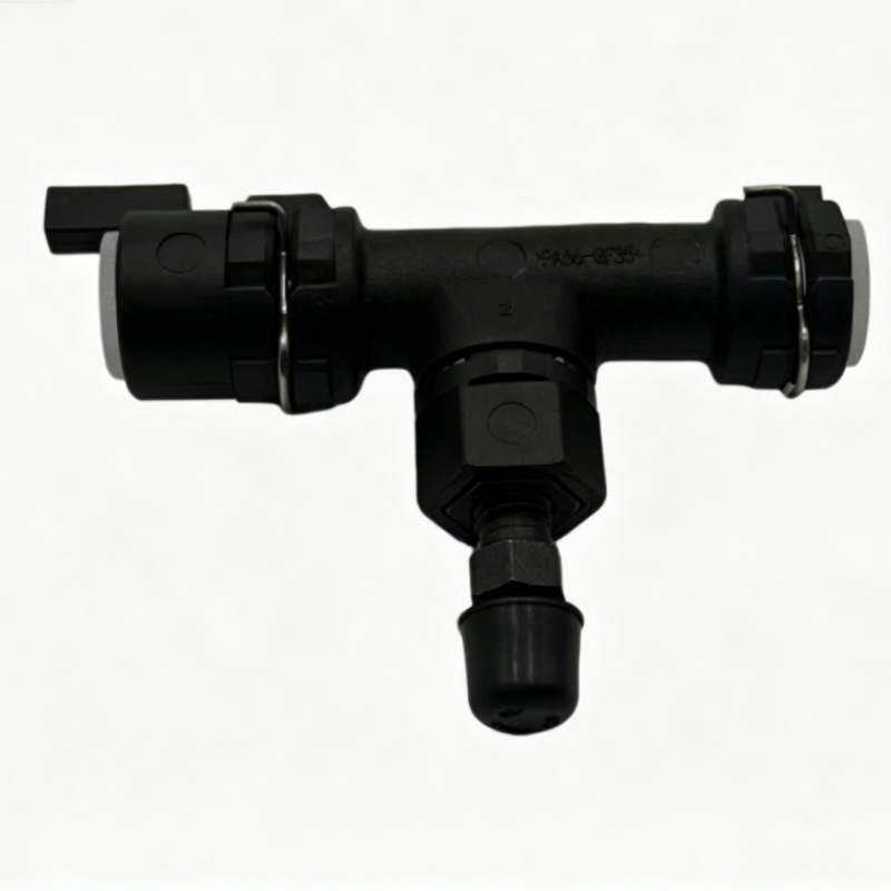 Black hydraulic clutch connector, three-way T fitting with threaded outlet