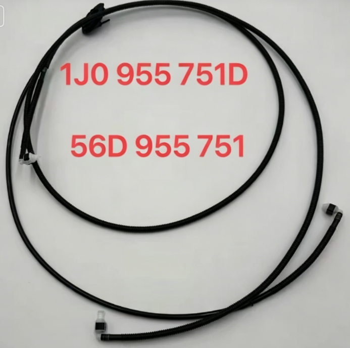 Black windshield washer hose with connectors, coiled loop