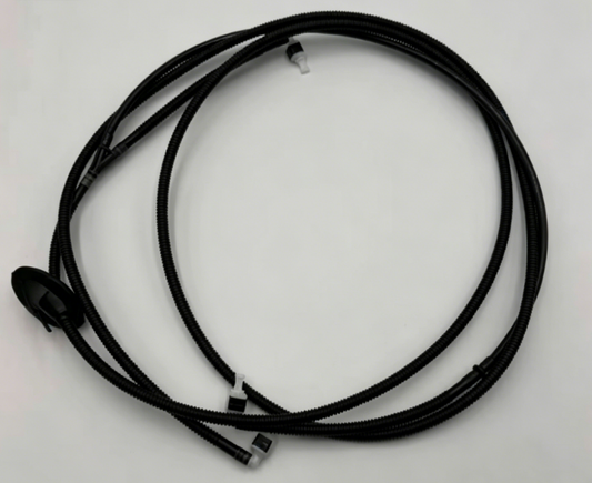 Black windshield washer hose with molded connectors, neatly coiled