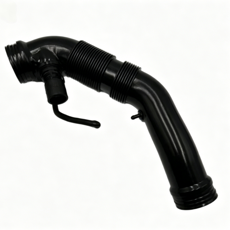 Black air intake hose with ribbed sections, elbow bend, and attached nozzle