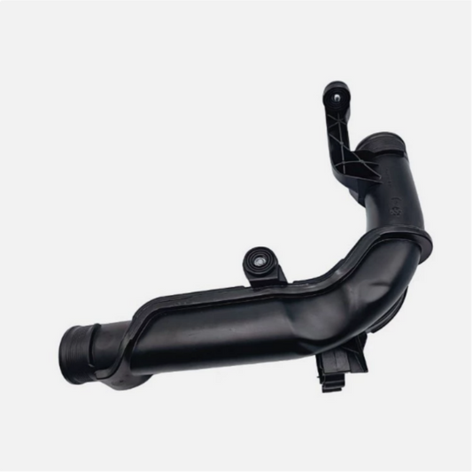 Black turbo boost hose assembly with elbow pipe, inlet coupler, and mounting clip