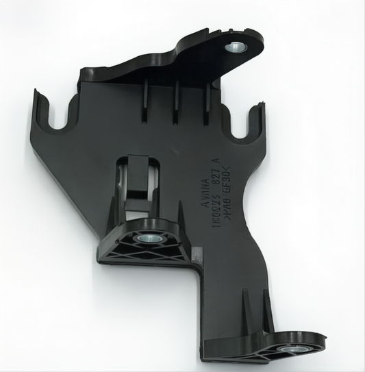 Black EVAP canister mounting bracket with latch tab and mounting slots