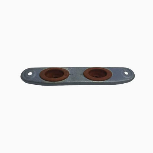 Exhaust hanger bracket with two rubber bushing mounts, blue-gray metal plate