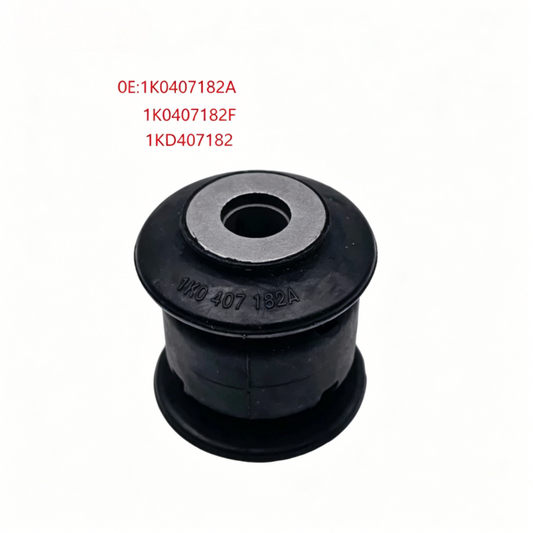 Black control arm bushing with stamped numbers and metal center hole
