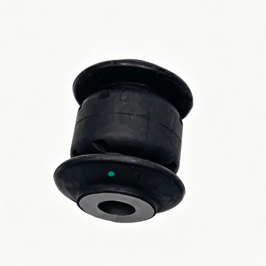 Black control arm bushing with metal center sleeve and circular opening
