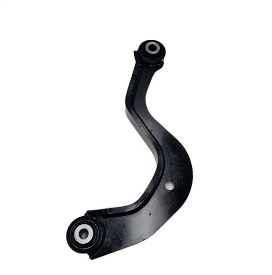 Control arm bracket with two mounting bushings, black steel, curved shape.