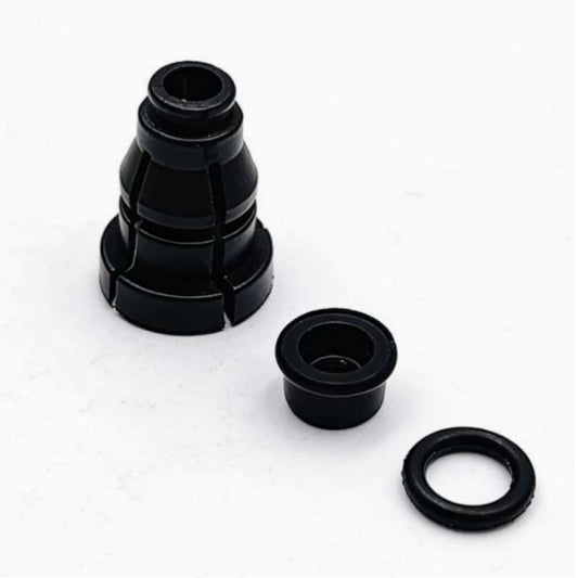 Clutch hydraulic hose connector with two stacked bushings and O-ring seal, black