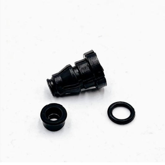Clutch hydraulic hose connector with rubber bushing and O-ring seals, black