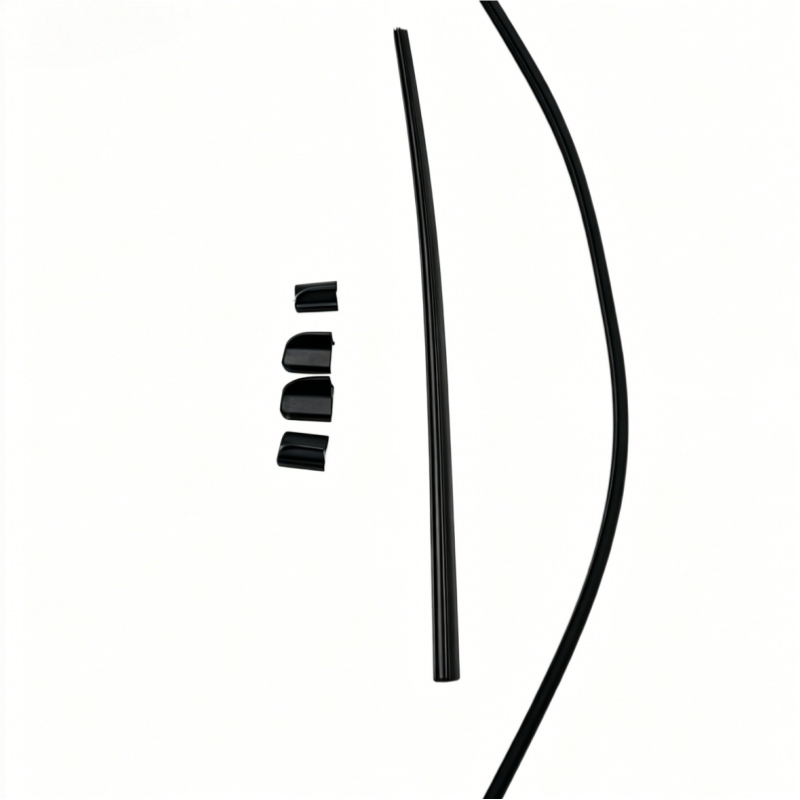 Windshield wiper blade with small black connector caps, long narrow design