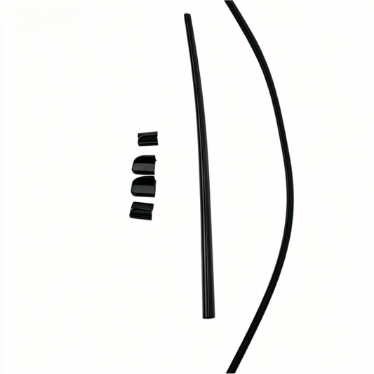 Windshield wiper blade with small black connector caps, long narrow design