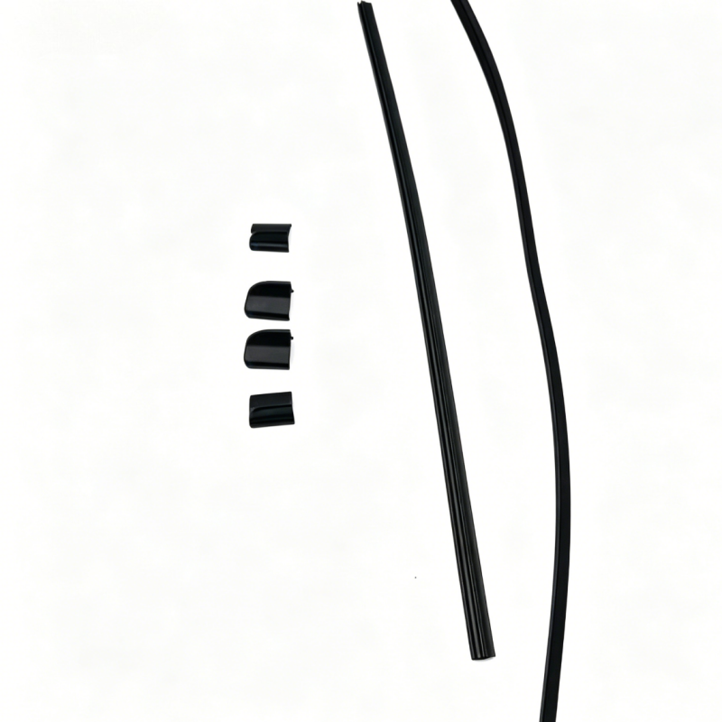 Windshield wiper blade with four black connector caps, tall slender profile