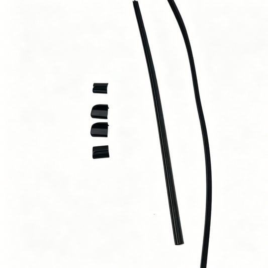 Windshield wiper blade with four black connector caps, tall slender profile