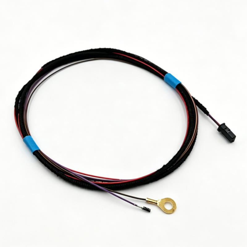 Coiled rain sensor cable with blue sleeves and ring terminal, black connector