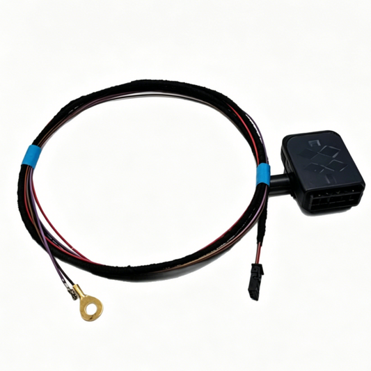Rain sensor wiring harness with plug and ring terminal, blue and black leads