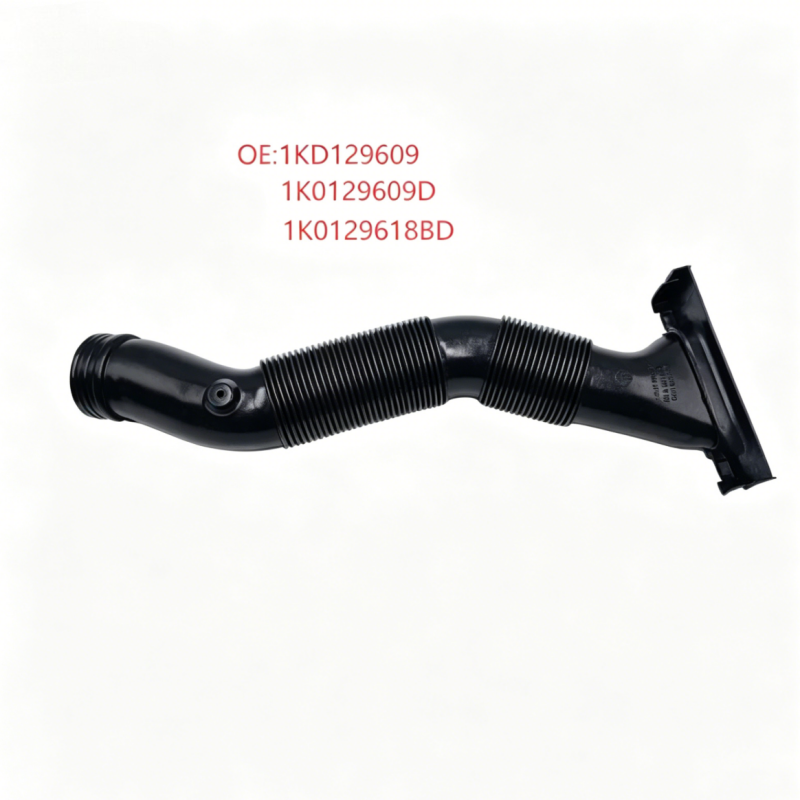 Black ribbed air intake hose with mounting flanges and curved intake tube