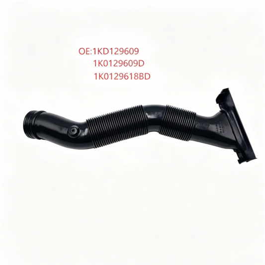 Black ribbed air intake hose with mounting flanges and curved intake tube